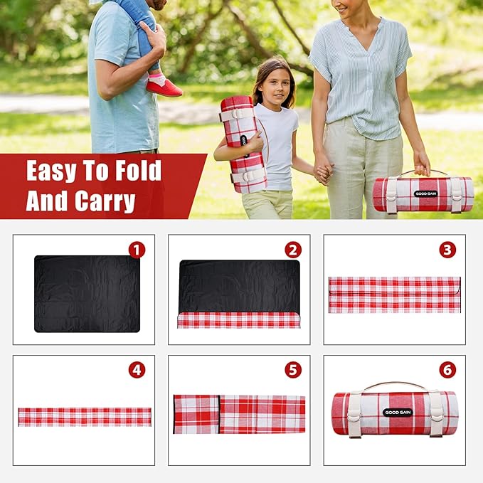 G GOOD GAIN Picnic Outdoor Blankets Waterproof Large - Beach Mat Sand Free Foldable with Carry Strap | Portable Camping Blanket | Park Blanket for Grass Park, Hiking, Travel, Concerts（RedPlaid）