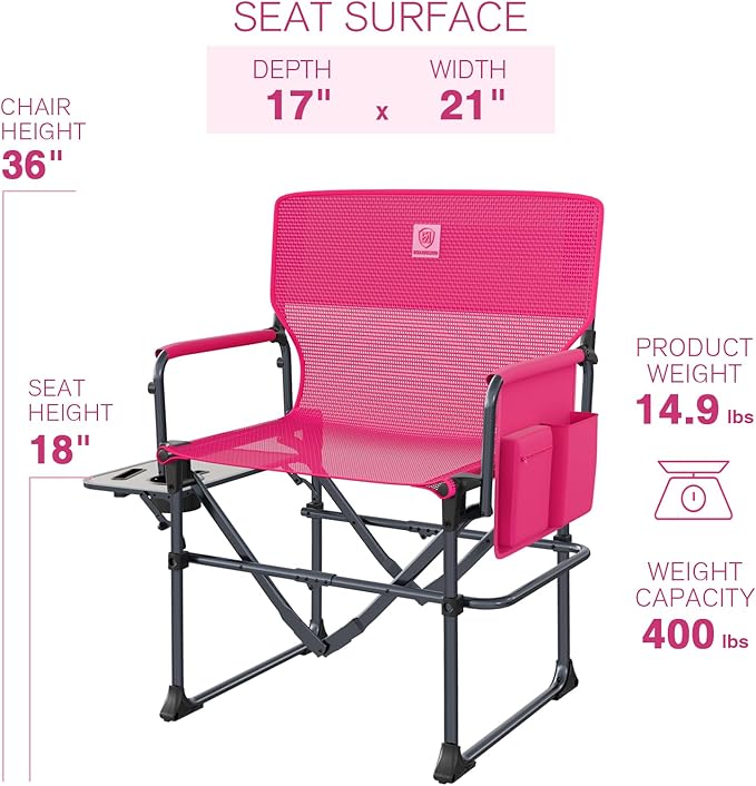 EVER ADVANCED Camping Directors' Chair with Side Table, Portable Folding with Compact Size, Breathable & Quick Dry Design Heavy Duty Lawn Chair with Pocket, 400lbs, Textilene Mesh, Pink