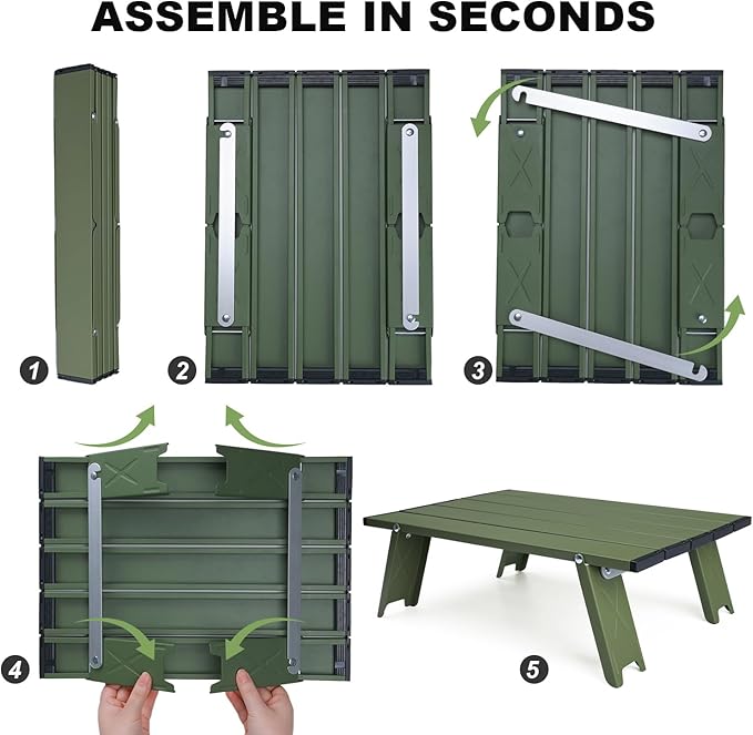 Small Folding Camping Table, Ultralight Portable Mini Beach Table with Carry Bag, Compact Low Side Picnic Tables Aluminum for Beach Camping, Green