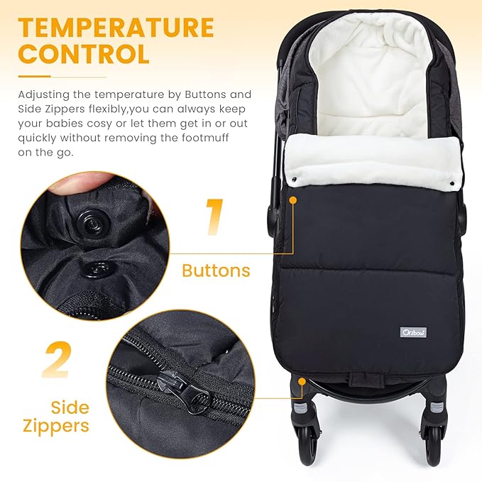 Orzbow Footmuff for Stroller, Weatherproof Anti-Kick Universal Toddler Sleeping Bag,Removable Warm Coral Fleece Lined Stroller Bunting Bag Footmuff（Black）