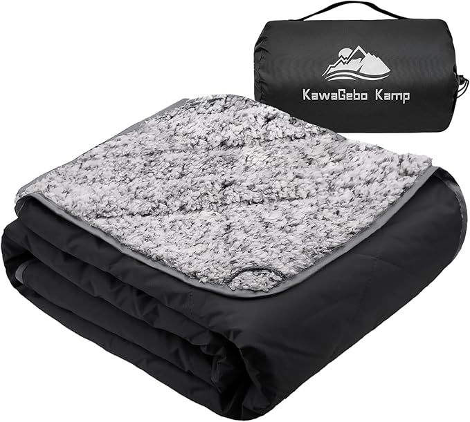 Sherpa Warm Outdoor Camping Blanket - Waterproof Stadium Blanket for Cold Weather, Camp, Sports Mom and Concert - Camping Quilt 80" X 58" (Black)
