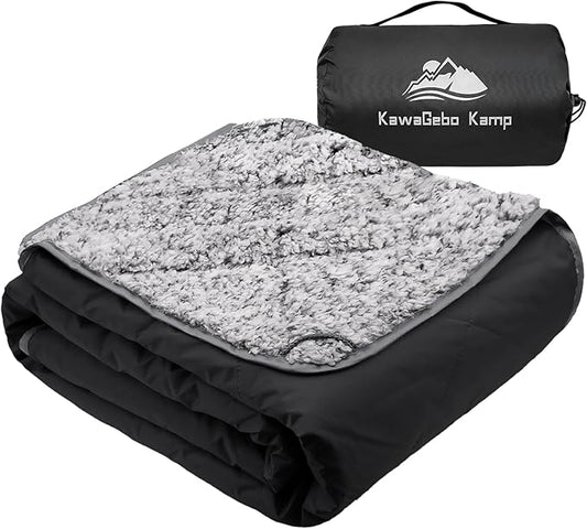 Sherpa Warm Outdoor Camping Blanket - Waterproof Stadium Blanket for Cold Weather, Camp, Sports Mom and Concert - Camping Quilt 80" X 58" (Black)