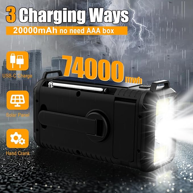 NOAA Weather Radio 20000mAh Battery Powered｜Solar Hand Crank Emergency Radio AM/FM｜USB-C Charger｜SOS Alarm｜Flashlight & Reading Lamp｜Hurricane Storm Power Outage Survival Emergencies (Black)