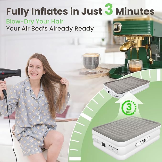 CHERIMOR Air Mattress Queen with Built in Pump, 18" Raised Comfort, Anti-Sag Horizontal Beam, 800lbs Heavy-Duty Support Blow Up Mattress, Multi-Layer Leak Proof Air Bed for Home Guests Camping