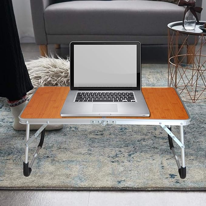 Jucaifu Foldable Laptop Table, Bed Desk, Breakfast Serving Bed Tray, Portable Mini Picnic Table & Ultra Lightweight, Folds in Half with Inner Storage Space (Bamboo Wood Grain)