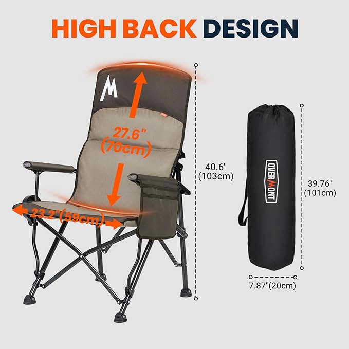 Overmont Camping Chair with Lumbar Support for Adults - Oversized with High Back Supports 450 LBS - Heavy Duty Folding Chair Portable for Outdoor Lawn Patio Balcony with Patent No.: US D1.028.543 S