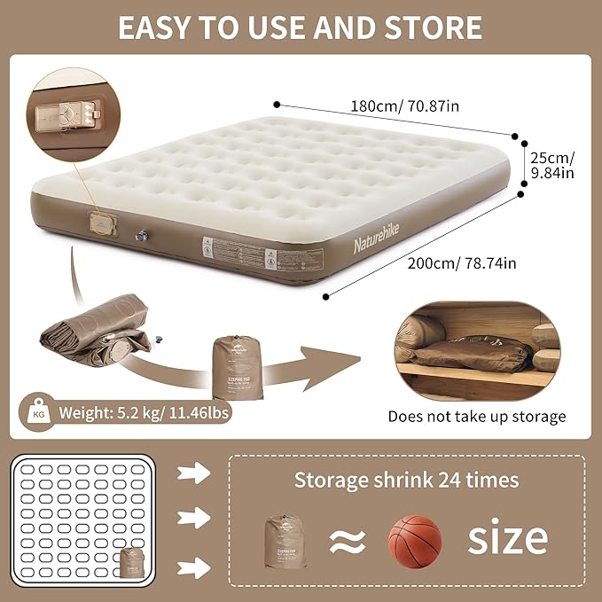 Naturehike Compact King Size Air Mattress with Built-in USB Rechargeable Pump, 992 lbs Max Support Inflatable Mattresses, Blow up Mattress Air Bed for Home, Camping, Guests, Travel
