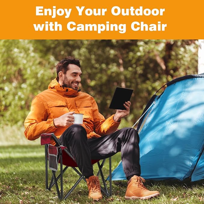 Folding Camping Chair Portable Outdoor Heavy Duty Padded Chairs Lawn Chair with Cup Holder, Storage Pocket and Cooler Bag, Supports 480LBS Red
