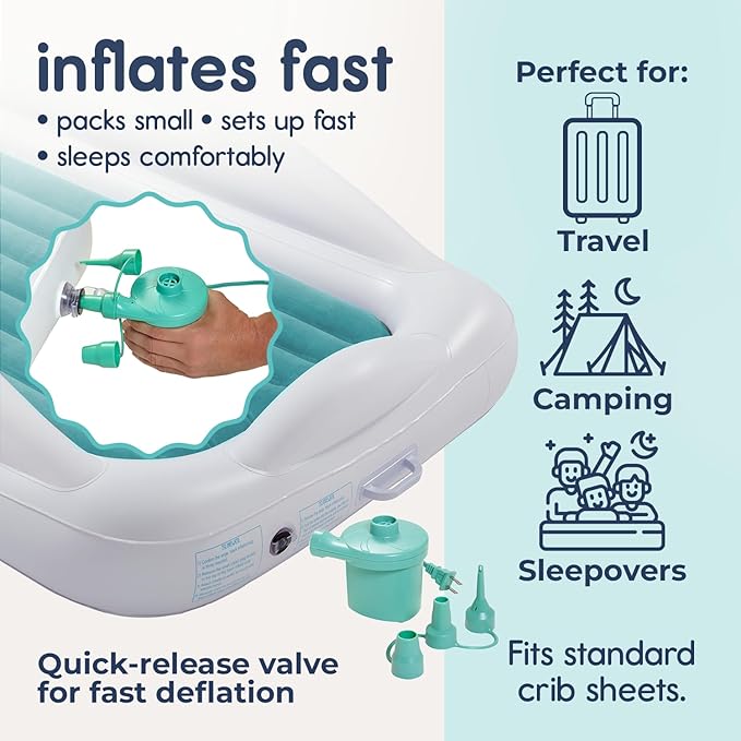Hiccapop Inflatable Toddler Travel Bed with Safety Bumpers [4-Sided] | Portable Toddler Bed for Kids | Toddler Air Mattress | Kids Air Mattress - Teal Blue