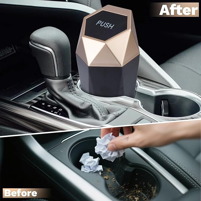 BFXM Car Trash Can, 2 Pack Car Trash Bin with Lid, Car Accessories for Women Interior, Car Garbage Can with Additional 2 ABS Hooks and 60pcs Trash Bags, Suitable for Home, Office, Car Organizer, Gold