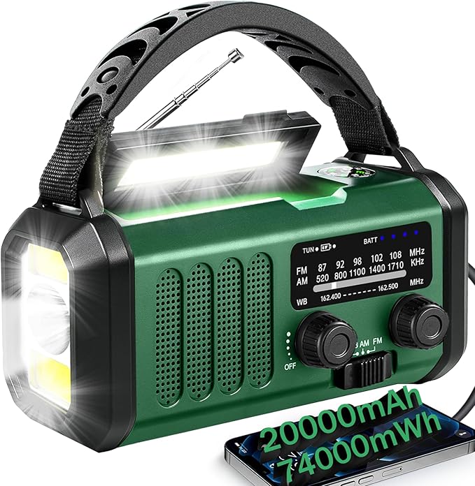 QAUYYW Hand Crank Emergency Radio,74000mWhSolar Powered Hand Crank Portable NOAA AM FM Weather Radio with 3Mode Flashlight and Reading Light,Cell Phone Charger,Home and Emergency Distress Signall