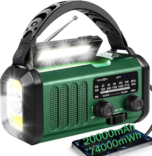 QAUYYW Hand Crank Emergency Radio,74000mWhSolar Powered Hand Crank Portable NOAA AM FM Weather Radio with 3Mode Flashlight and Reading Light,Cell Phone Charger,Home and Emergency Distress Signall