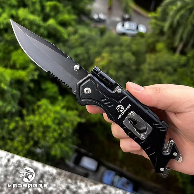 MADSABRE Multitool Pocket Knife with Clip and Case, 8-in-1 Folding Knives with Glass Breaker, Bottle Opener, Wrench, EDC Multitool Knife for Camping, Survival, Gifts for Men (Black)