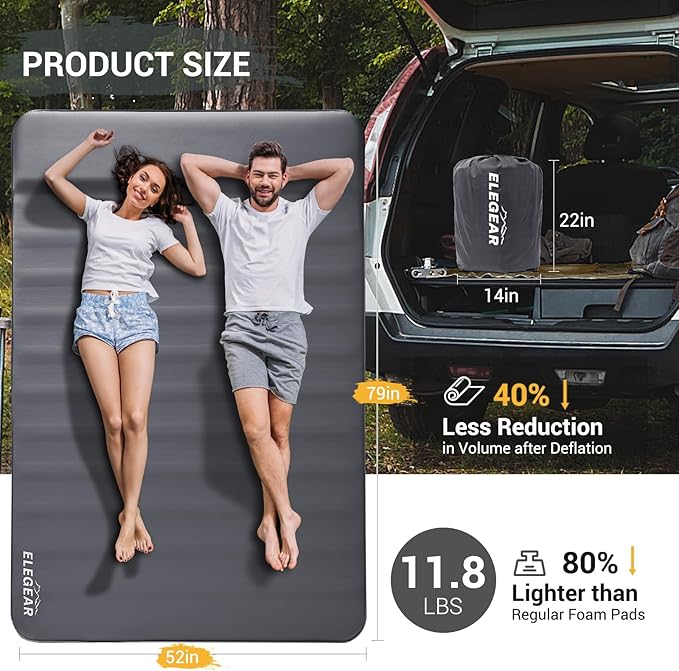 Elegear CumbreX™ Air & Foam Self Inflating Sleeping Pad, Built-in Electric Pump 4" Ultra-Thick Memory Foam Camping Mattress with Pillow Double Camping Pad 4-Season R-Value 9.5 Camp Mat (Grey, Full)