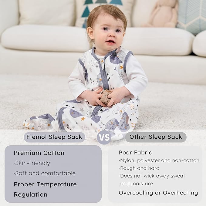 Baby Sleep Sack 0-6 months, 100% Cotton Sleeping Sack for Newborn and Infant, 3 Pack Baby Wearable Blanket for Boy and Girl, 0.5 Tog Lightweight Double Zipper Sleep Bag Grey Moon Bear