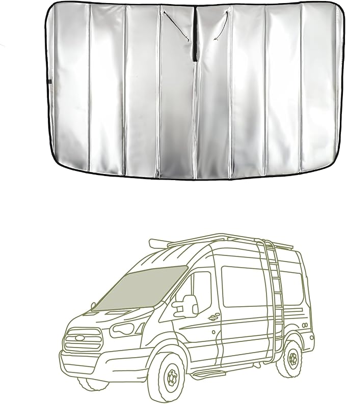 VanEssential Insulated Reflective Blackout Window Cover Designed for Ford Transit High/Medium Roof Front Windshield - Charcoal Gray Reflective