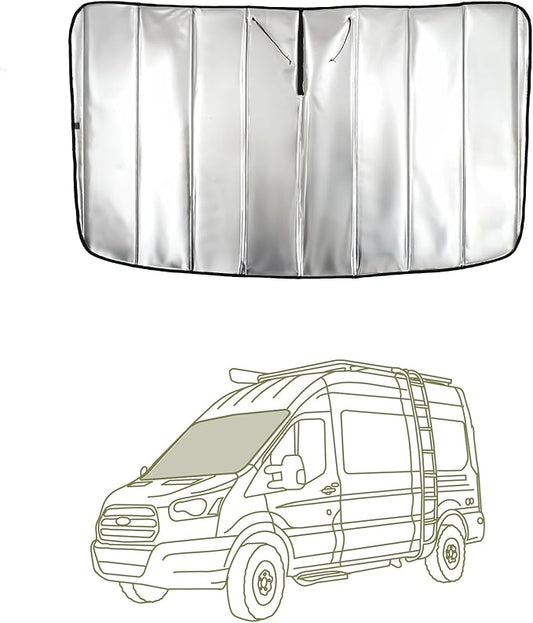 VanEssential Insulated Reflective Blackout Window Cover Designed for Ford Transit High/Medium Roof Front Windshield - Charcoal Gray Reflective