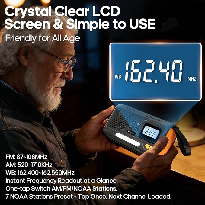 Emergency Crank Radio with NOAA Weather -Alert 7400 mWh Solar Hand Crank Portable AM/FM Radio, Rechargeable Battery USB Charger Flashlight LCD Screen Headphone Jack for Home Outdoor Hurricane Survival