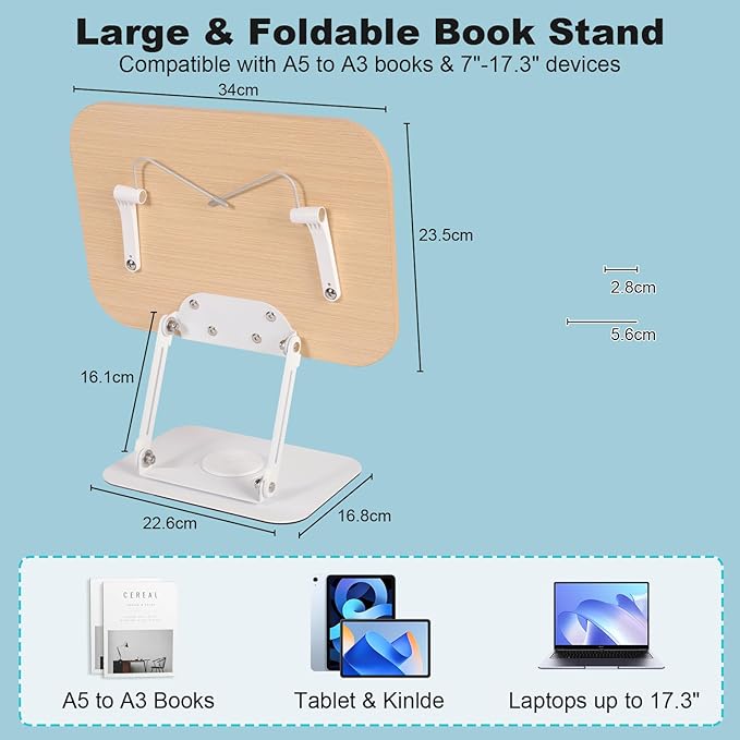 Book Stand for Reading - 360° Rotating Base, Adjustable Height & Angle, Hands-Free Holder for Cookbooks, Textbooks, Tablets up to 17.3 Inches (Light Yellow)