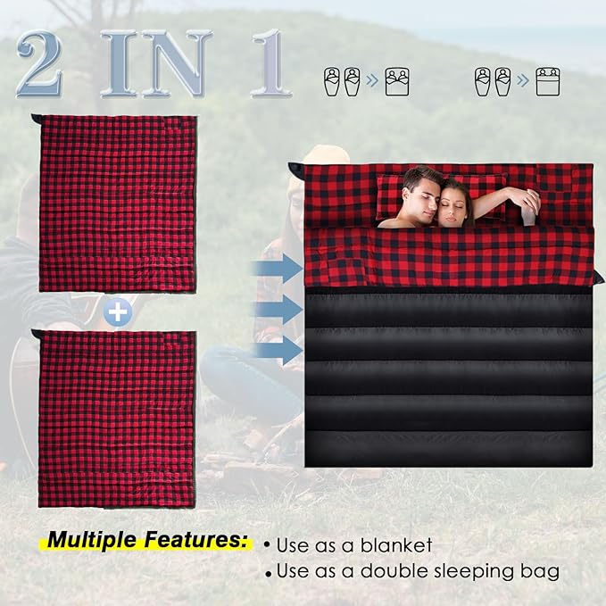Keencamp 0 Degree Sleeping Bag Cotton Flannel Winter Cold Weather for Adults XXL Sleeping Bag 4 Season Big and Tall with Pillow Compression Sack