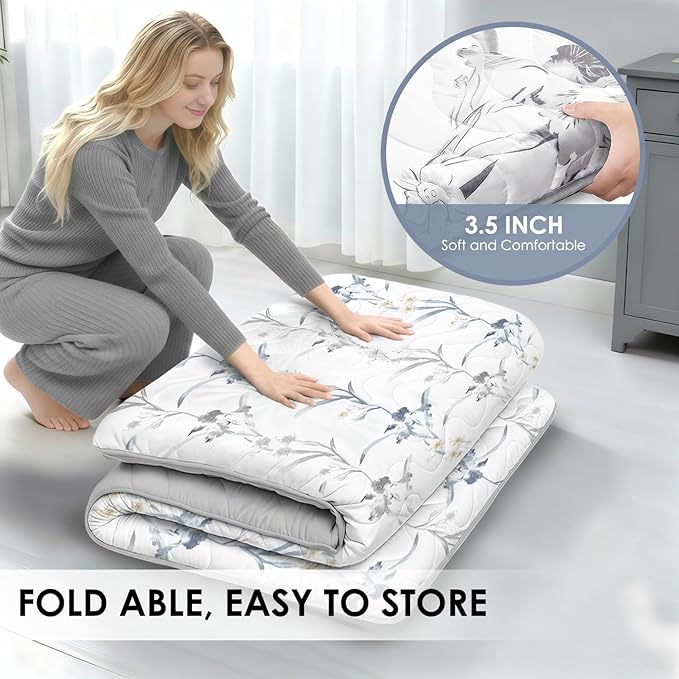 SCHNAUZER HOME Japanese Floor Mattress, 3.5" Thicken Ink Wash Floral Pattern Portable Futon Mattress, 100% High-Density Foam Tatami Mat Sleeping Pad for Camping Guest Room Dormitory RV, White, Full