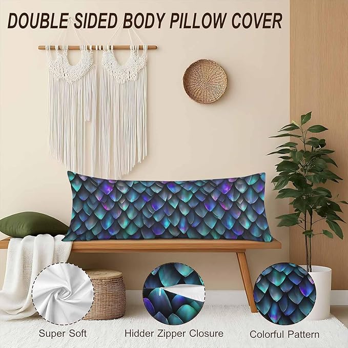 Dragon Scales Decorative Home Pillow Covers, Reptile Skin Green Side Sleeper Pillow Cover Body Cushion Cover Bedding Body Pillowcase for Man Woman Sofa Patio Shop 20x54 Inches