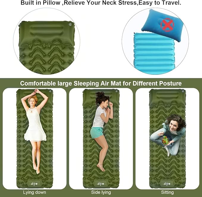 MOXILS Sleeping Pad, Ultralight Inflatable Sleeping Pad for Camping, Built-in Pump, Ultimate for Camping, Hiking, Airpad, Carry Bag, Repair Kit, Compact & Lightweight Air Mattress(Green)