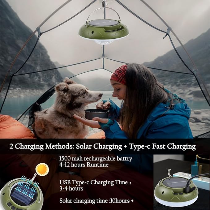 2 Pack Solar Camping Lights & Lantern DJ Disco Ball, RGB Color Changing Tent Light, Music Sync Strobe Party Lights, USB Rechargeable Portable Hanging Lamp, Waterproof for Outdoor Christmas Decor Gifts