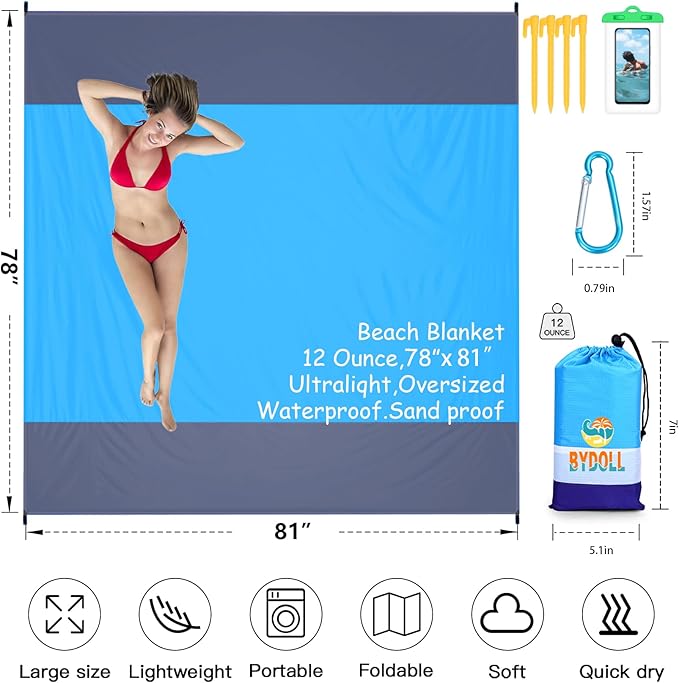 BYDOLL Beach Blanket 78''X81'' Waterproof Sandproof Suits1-4 Adults Oversized Lightweight Large Blanket Picnic Mat for Beach Sand Free Travel Camping Hiking Picnic