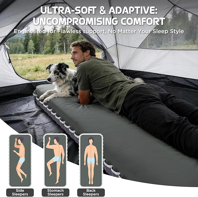 Elegear Air & Foam Self-Inflating Sleeping Pad, CumbreX™ 4" Ultra-Thick Memory Foam Camping Mattress Pad with Air Pump, Compact R-Value 9.5 4-Season Camp Mat for Travel Outdoor - Single Grey