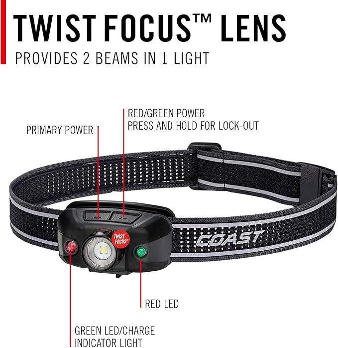 Coast FLX40R 800 Lumen Built-in Rechargeable Battery LED Headlamp with Twist Focus Lens Ultra Strap