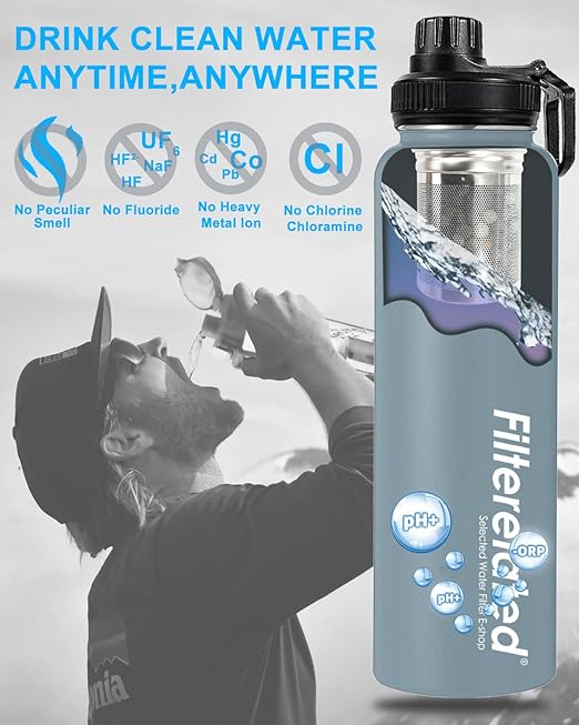 Filterelated 30oz Stainless Steel Portable Alkaline Filter Water Bottle, Creates Up to 9+ Ph of Quality Water, Sports Travel Water Bottle, Removes Water Impurities（Grey）