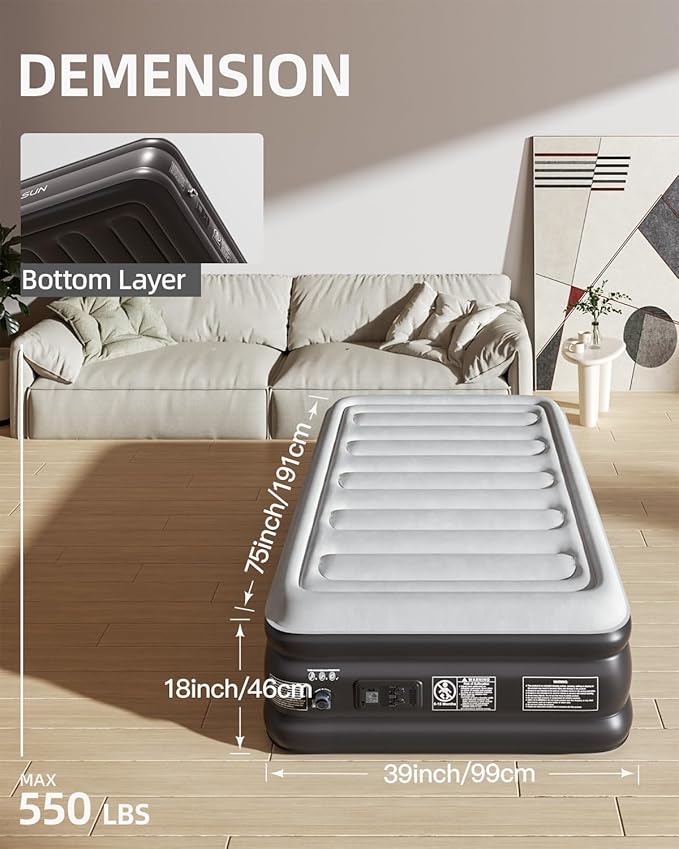 CHILLSUN 2026 Upgraded Twin Air Mattress with Built in Pump, 3 Mins Quick Self-Inflation Inflatable Airbed Puncture-Resistant, Leak-Proof Blow Up Mattress for Home Portable Camping Travel