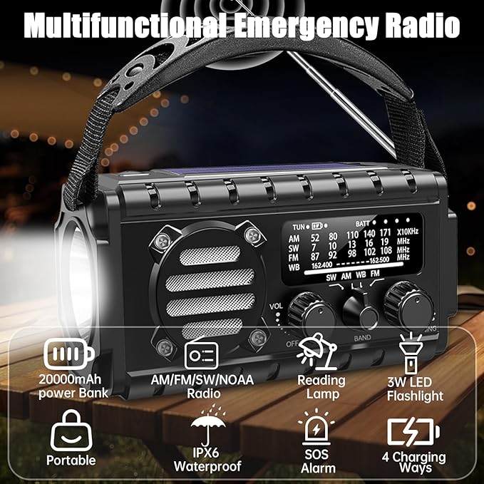 Aivica 20000mah Emergency Radio, SW/NOAA/AM/FM Weather Radio, Solar Powered Hand Crank Chager with Bige Batery Powered,Portable,Cellphone Charge,SOS,Flashlight for Emergency/Home (Black)