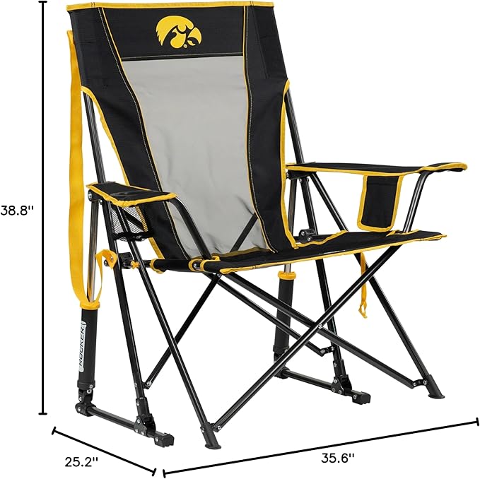 GCI Outdoor Comfort Pro Rocker Camping Chair | Portable Folding Rocking Chair with Durable Armrests & Drink Holder | Official Collegiate Licensed Sideline Sports Chair | Iowa Hawkeyes