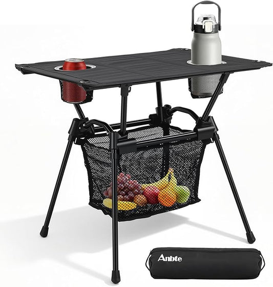 Anbte Ultralight Portable Camping Table, 3.2lb Folding Camping Table with Cup Holders & Storage Net, 20in Height for Camping Hiking Tailgating Beach Picnic Travel Patio, 23" x 16", Black