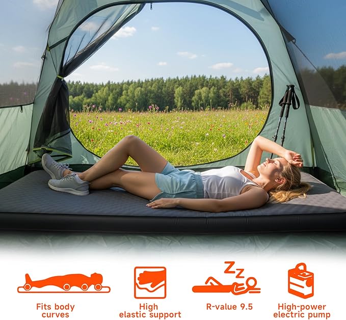 Self Inflating Sleeping Pad,Memory Foam Camping Mattress w/Detachable Electric Pump,4 - Inch Thick Memory Foam for Ultimate Comfort, for Indoor,Outdoor,Road Trip,4 - Season Use,Gray