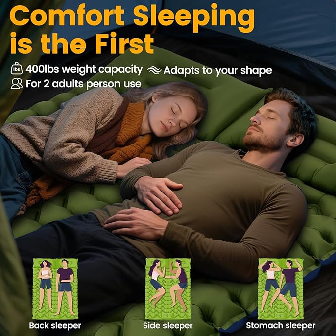 Double Sleeping Pad, Ultralight 4in Extra-Thick for 2 Person with Built-in Pillow & Foot Pump Sleep Mat, Compact Inflatable Camping Mat for Backpacking Hiking Travel Tent Camp Gear Gifts