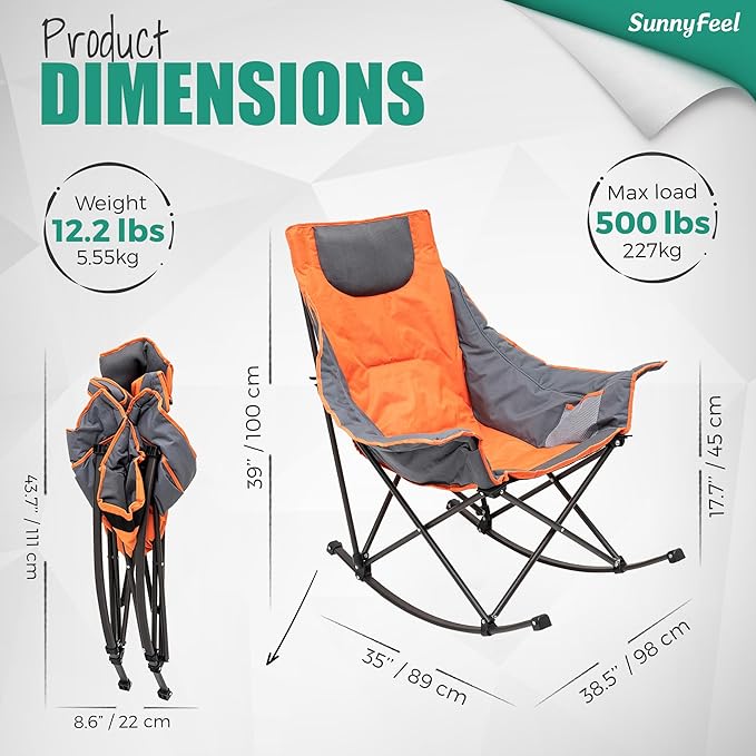 SUNNYFEEL Oversized Rocking Camping Chair, Fully Padded Patio Chair with Side Pocket, High Back Portable Lawn Recliner with Headrest, Outdoor Camp Rocker Chairs for Adults Heavy Duty 500 LBS Carry Bag