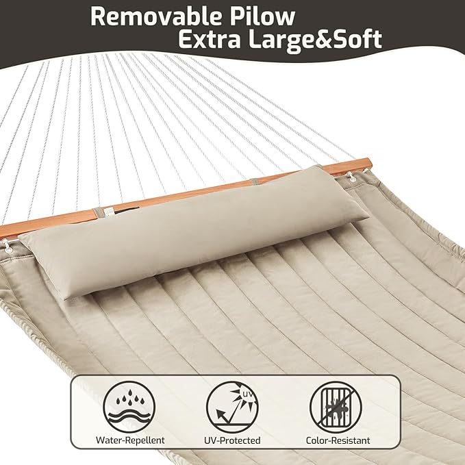 CHULIM Double Quilted Fabric Hammock with Hardwood Spreader Bars and Pillow 450 LBS Capacity 2 Person Large Hammock for Outdoor Patio Backyard Poolside - Tan