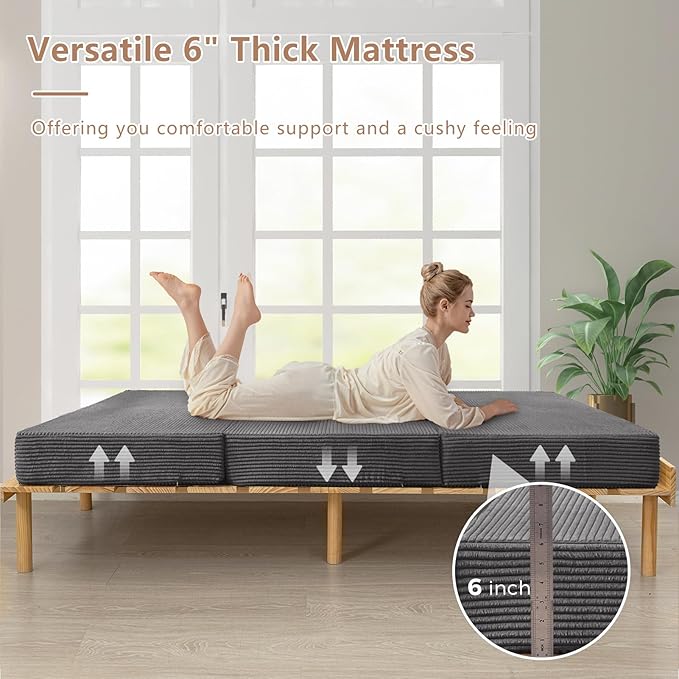 BYBYME Corduroy Tri-Folding Mattress, 6 Inch Gel Folding Mattress Topper, Foldable Soft Guest Bed Camping Pad, Washable Cover (Dark Gray, Full)