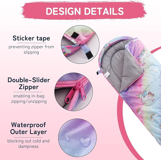 tuphen Kids Sleeping Bag - 50-77℉ 3-Season Waterproof Sleeping Bag for Boys & Girls, Lightweight 2.2 lbs Camping Gear with Compression Bag Ideal for Camping, Hiking, Indoor
