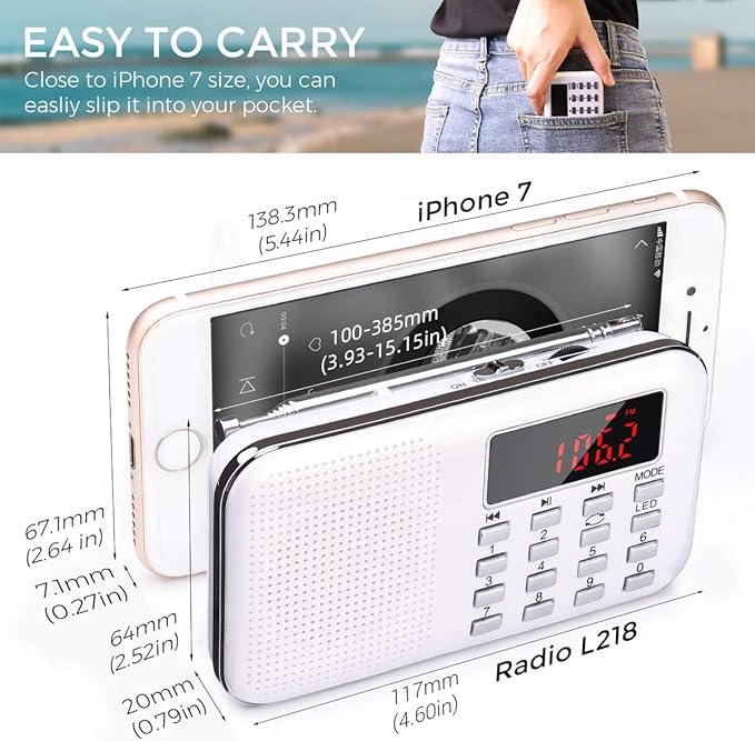 PRUNUS Mini Portable Radio AM FM Pocket Radio with MP3, LED Flashlight, Digital Radios Speaker Support Micro SD/TF Card/USB, Auto Scan Save, 1200mAh Rechargeable Battery Operated[Latest Version]