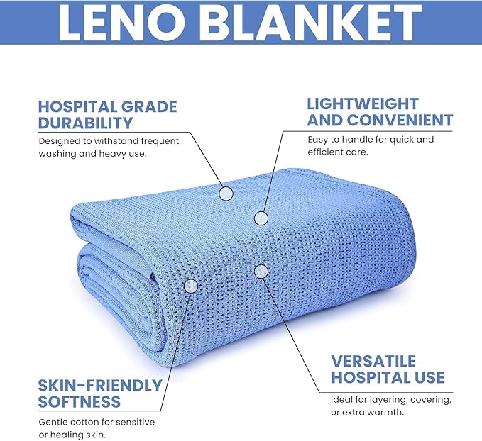 Linteum Textile Supply Blue Hospital Thermal Blanket 66x90 Inch 100% Cotton, Soft and Cozy, Breathable, Open-Cell Weave Design, All Season Twin Hospital Blanket (4-Pack)