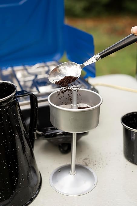 Stansport Enamel 8-Cup Percolator Coffee Pot and 4-Mug Set - Heavy-Duty Campfire Coffee Maker with 12oz Mugs - Percolator Stem Included - Double Baked Enamelware for Camping, Hiking, RV & Cabin