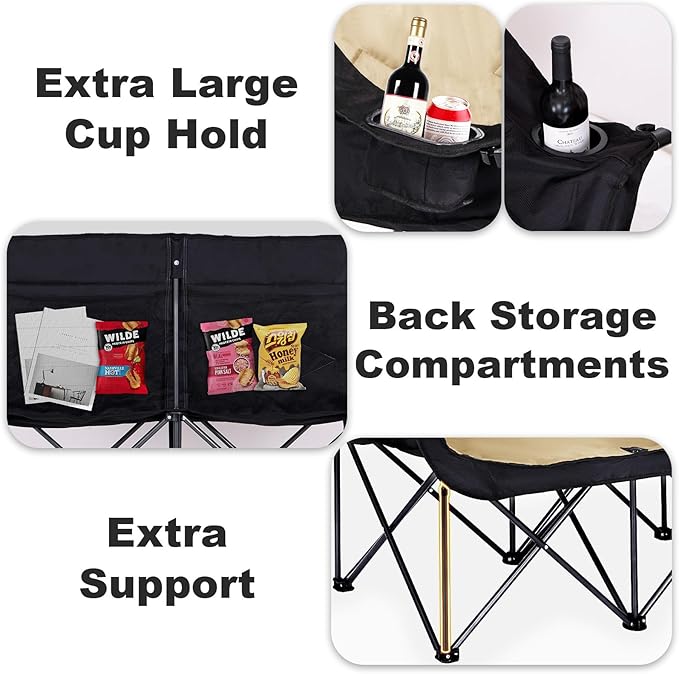 Bolosy Double Camping Chair Loveseat Camping Chair Double Folding Chair Camp Chairs for Adults Heavy Duty Two Person Camp Chair Padded Camping Couch 2 Person Lawn Chairs - Support 650 lbs - Khaki