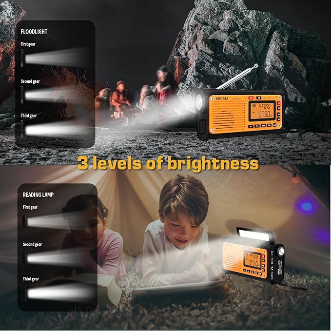 XHDATA D608WB Emergency Radio Hand Crank Weather Radio FM/AM/SW/NOAA Alert Portable Radio, Bluetooth MP3, USB/Solar/Hand Crank Charging, Flashlight, Reading Lamp and SOS Alarm