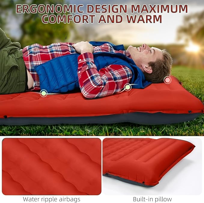 FNARMW Camping Sleeping Pad, Extra Thick 5 Inch Camping Mat with Pillow Built-in Foot Pump Inflatable Sleeping Pads Compact for Camping Backpacking Hiking Traveling Tent（Orange-Black）