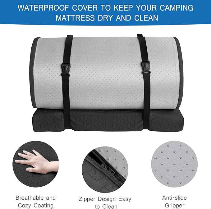 Memory Foam Camping Mattress Pad 3 Inch Thick, Portable Sleeping Pad with Waterproof Cover, Portable Roll Up Cot Mattress Pad Floor Mat for Travel Truck Bed Tent 72" x 24"x 3"