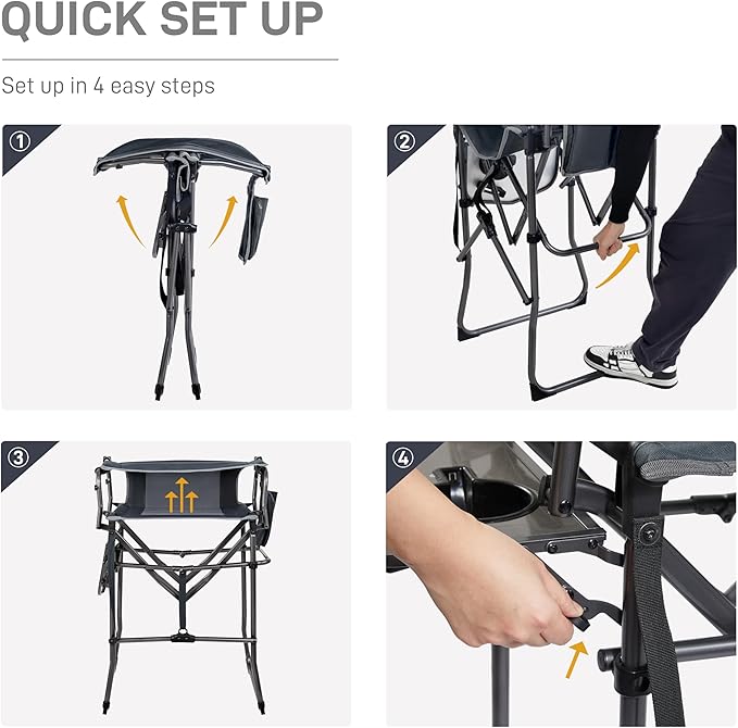 EVER ADVANCED Portable 30.7" Seat Height Tall Folding Camping Chair Directors Chair High Foldable Bar Stool with Side Table for Makeup Artist, Sports Event, Craft Show, Supports 350LBS
